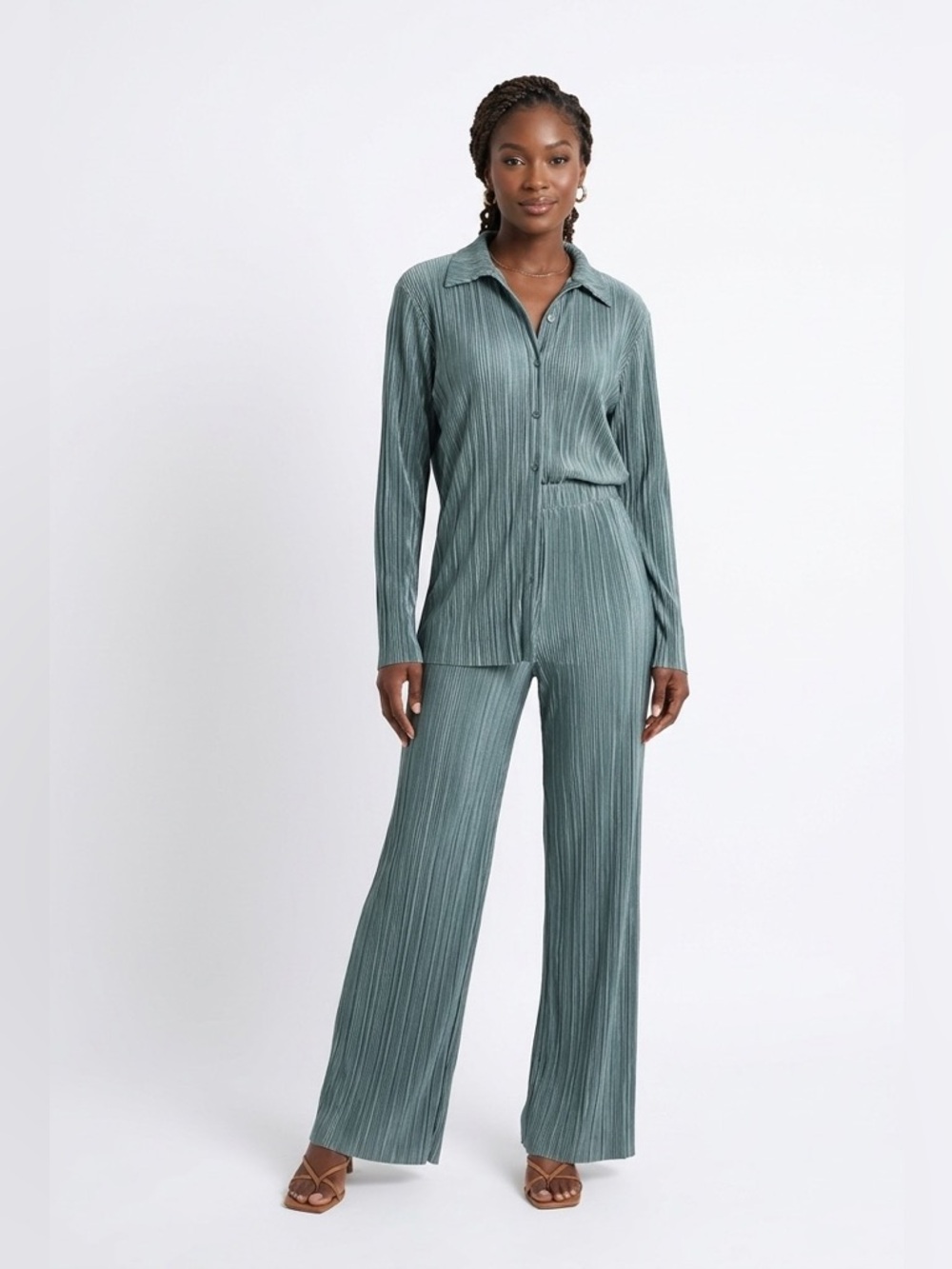 Pleated Wide-Leg Metallic Gray Pants Women > Suits & Blazers